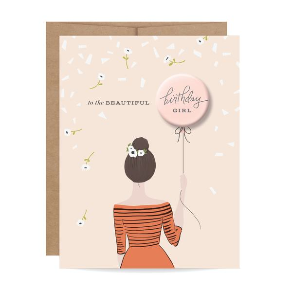 Birthday Girl Button Card - Brunette