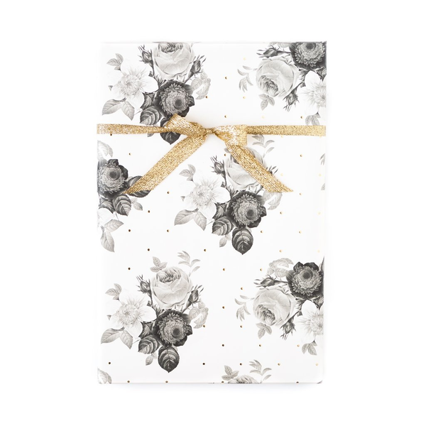 Black & White Floral with Gold Gift Wrap - Includes x3 20x27 sheets