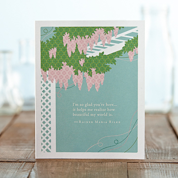 PG Card - I'm so glad you're here...

SHARE
Positively Green | Mother’s Day

“I’M SO GLAD YOU’RE HERE... IT HELPS ME REALIZE HOW BEAUTIFUL MY WORLD IS.” - RAINER MARIA RILKE
